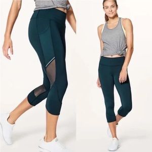 Lululemon Home Run Mesh Panel Pocket Teal Crop Leggings 10